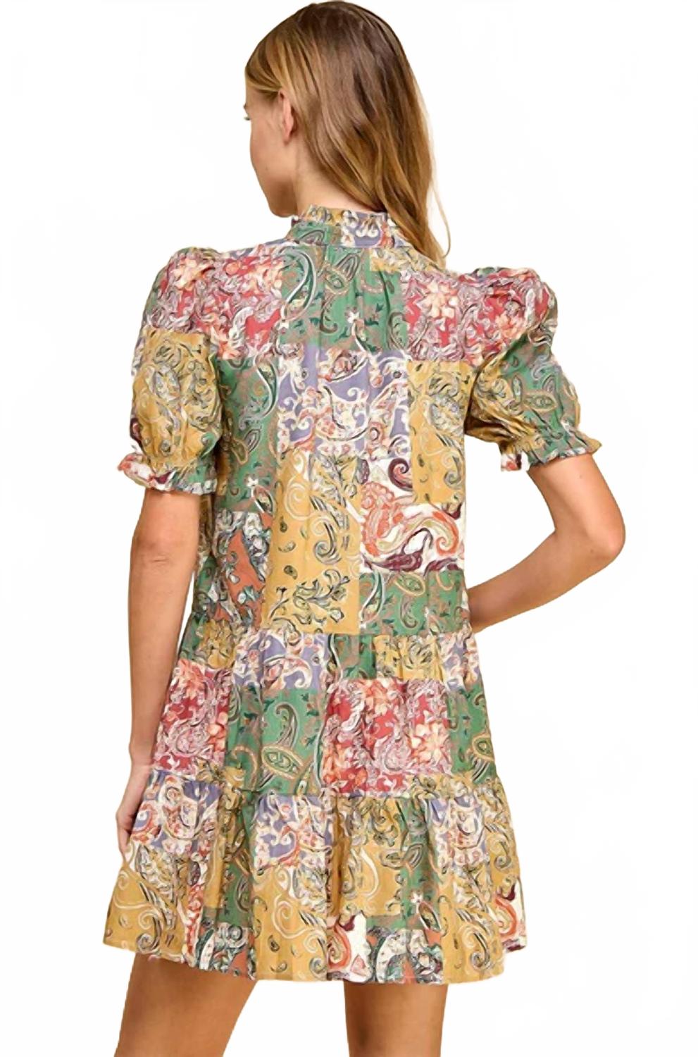 Abstract Print Chic Mock Neckline Dress In Green Multi