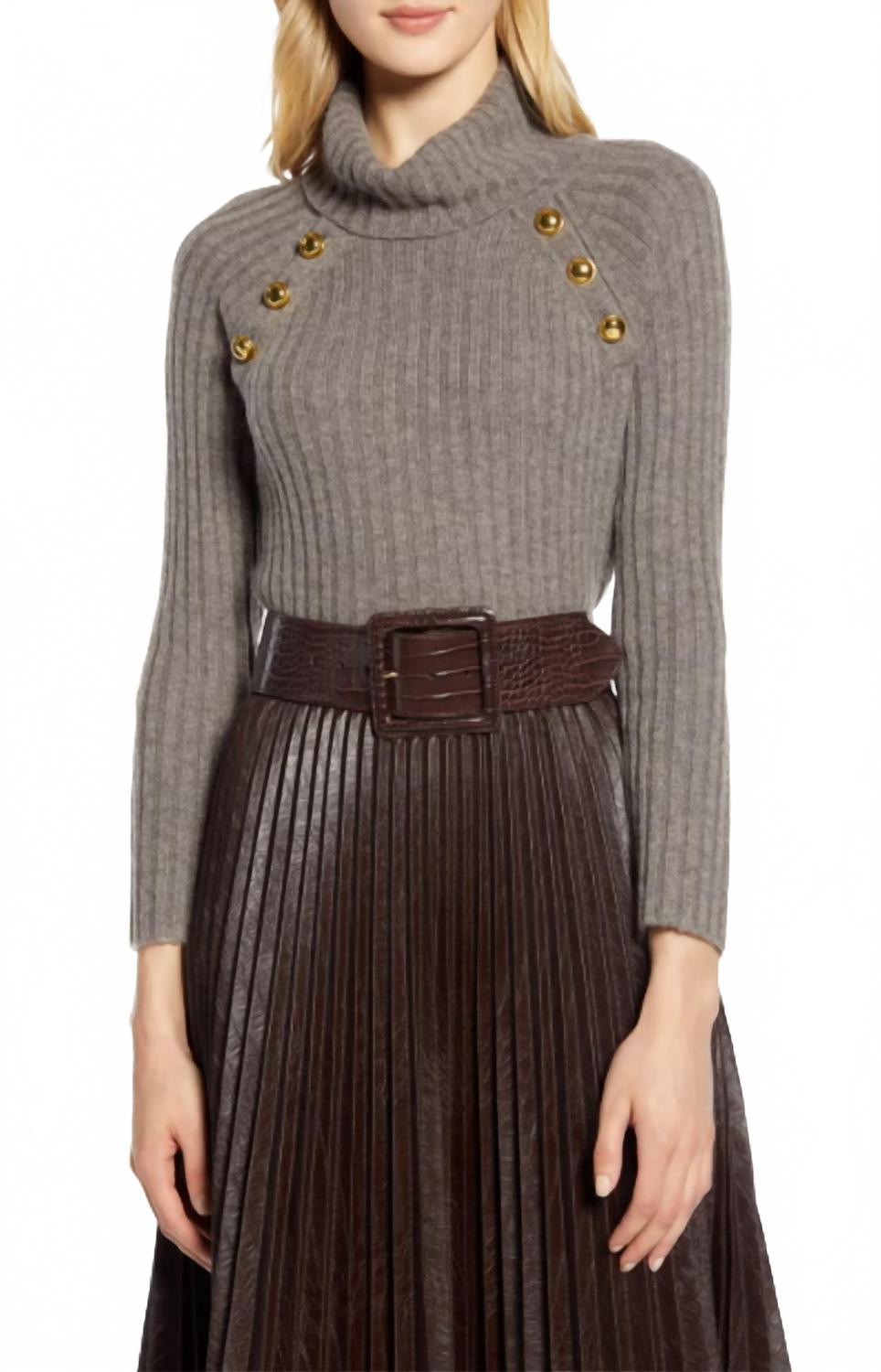 Atlantic X Pacific Button Detail Wool Blend Turtleneck Sweater In Taupe