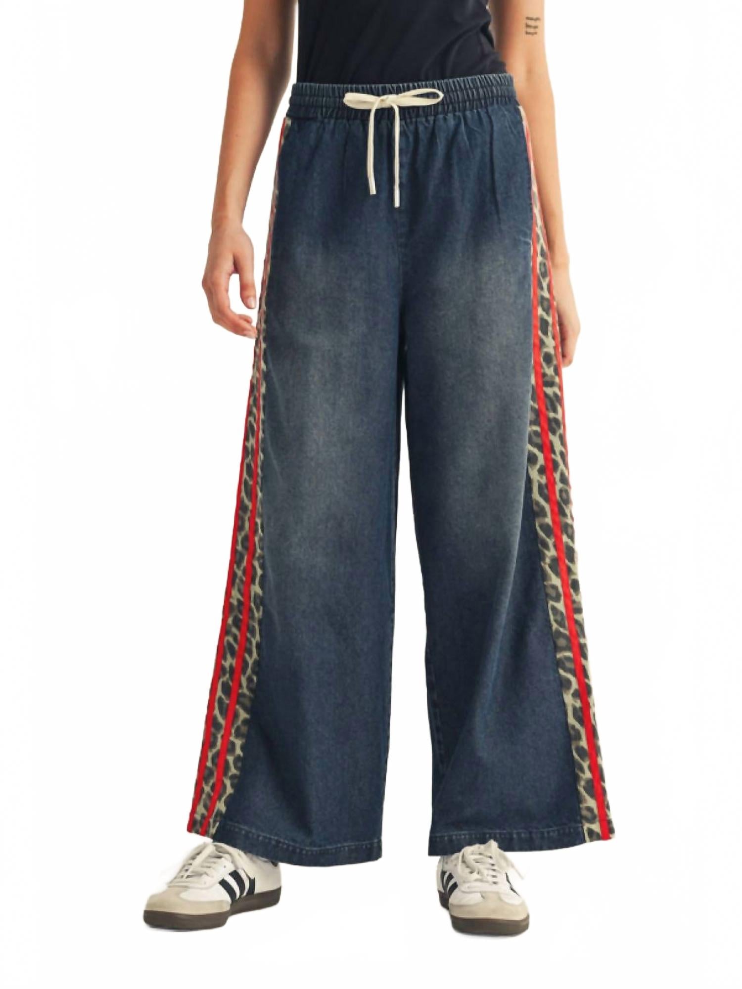 Drawstring Waist Wide Leg Casual Pants In Red Denim
