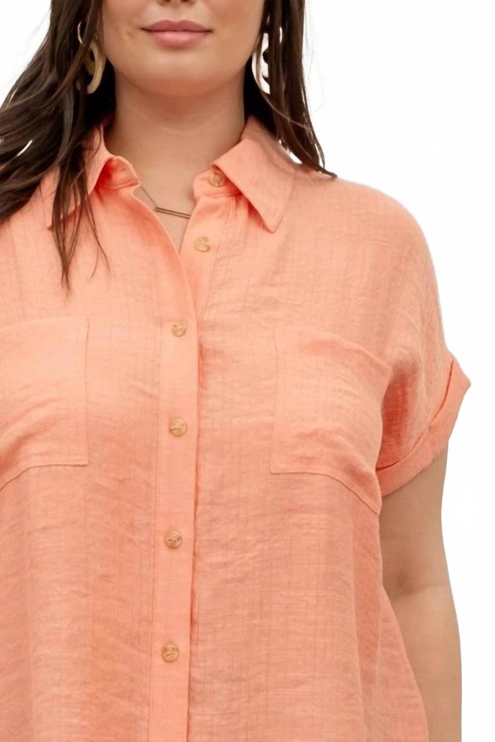 Collared Crinkled Cuff Sleeve Shirt - Plus In Dusty Peach