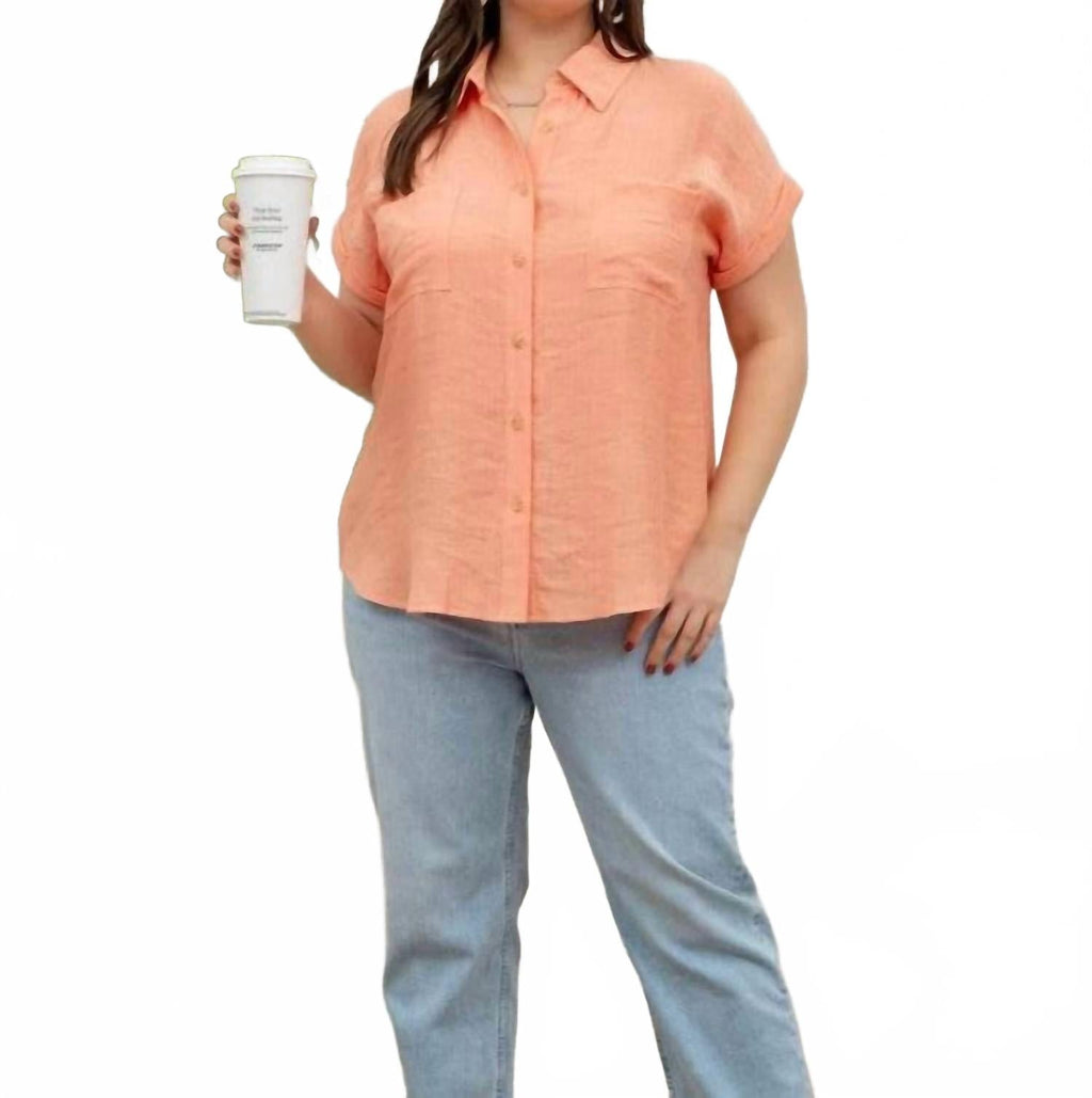 Collared Crinkled Cuff Sleeve Shirt - Plus In Dusty Peach