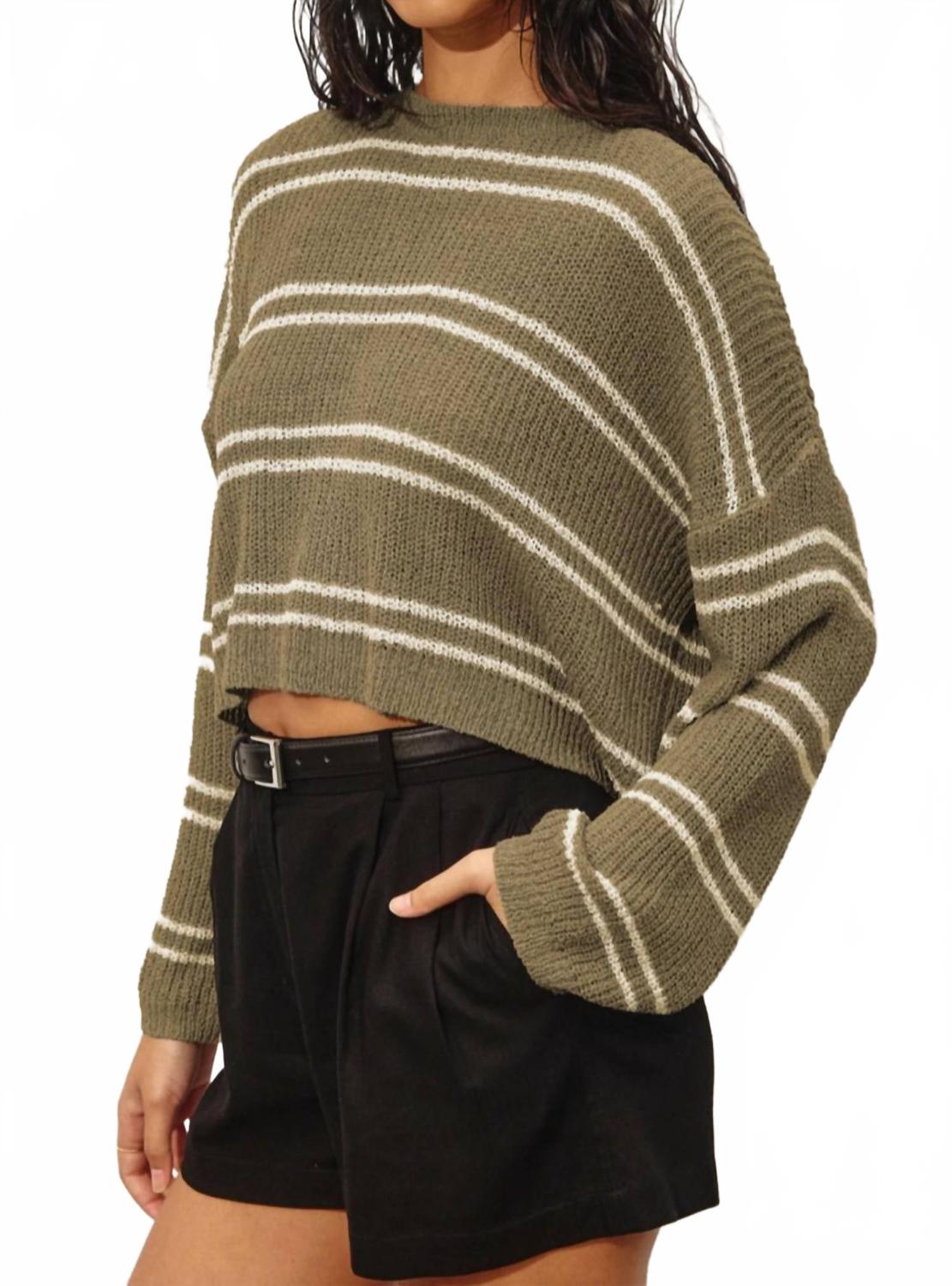 Double Striped Long Sleeve Sweater In Olive/white