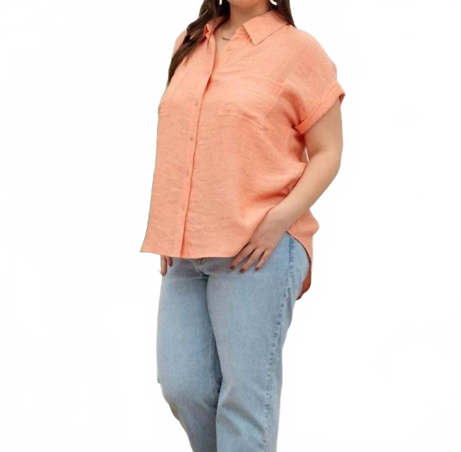 Collared Crinkled Cuff Sleeve Shirt - Plus In Dusty Peach