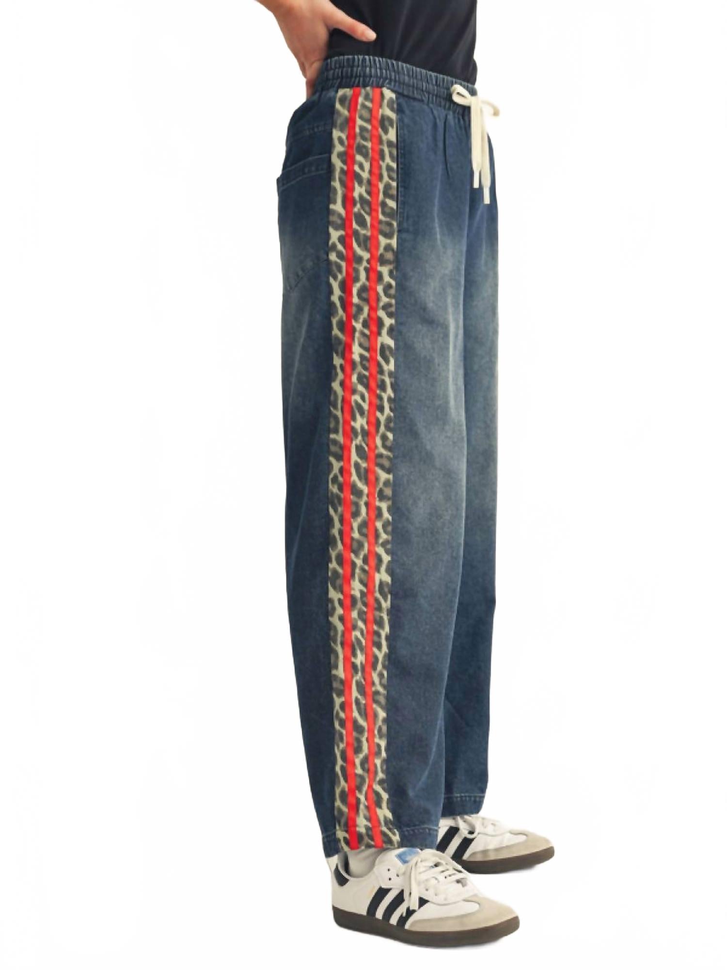 Drawstring Waist Wide Leg Casual Pants In Red Denim