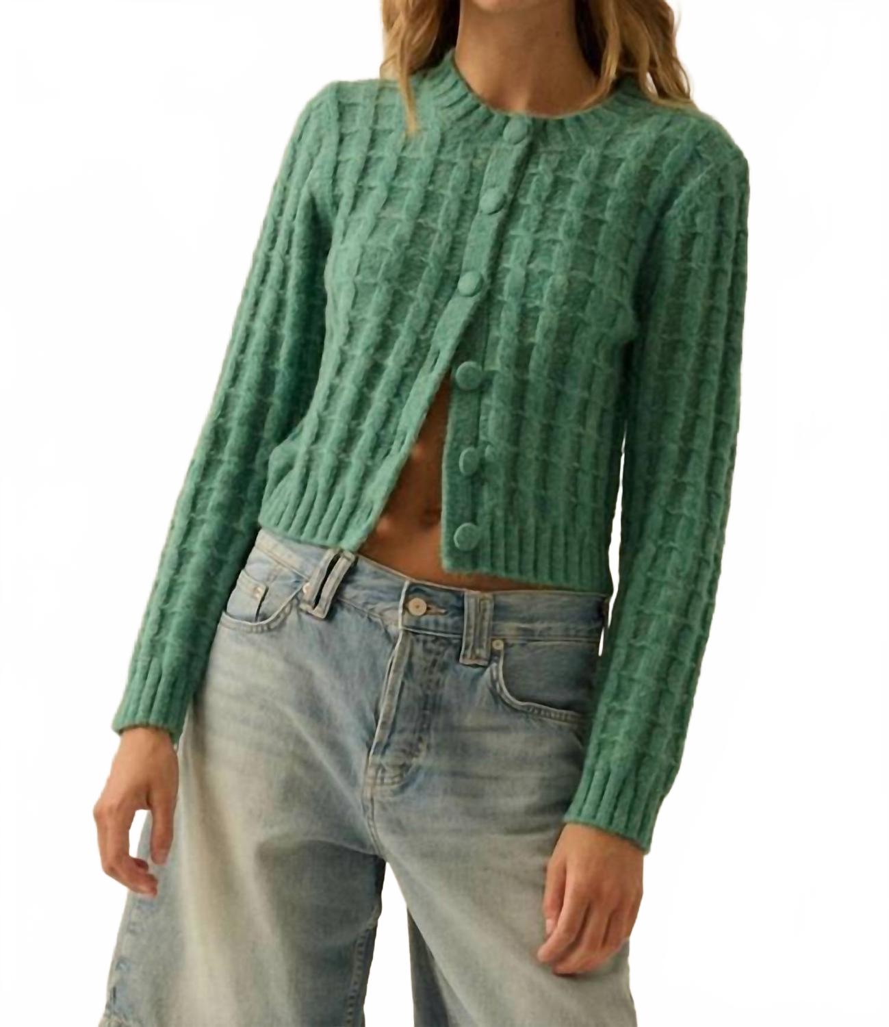 Cable Knit Button Up Cardigan In Pine