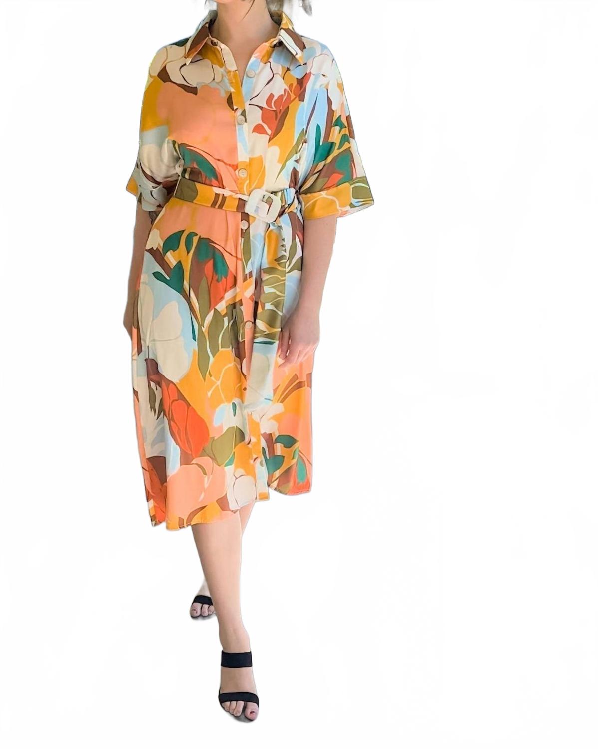 Abstract Print Midi Shirt Dress In Peach Multi