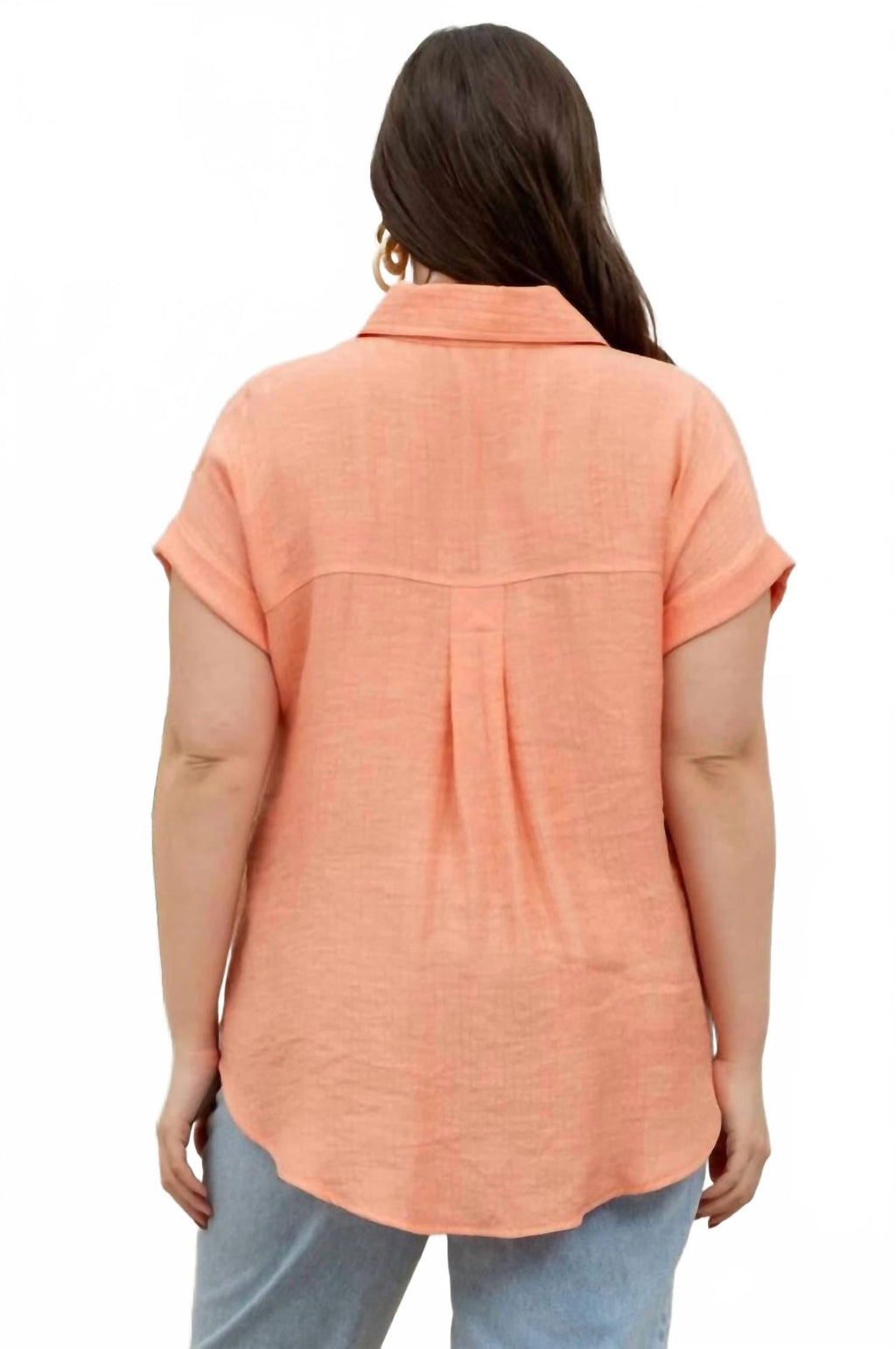 Collared Crinkled Cuff Sleeve Shirt - Plus In Dusty Peach