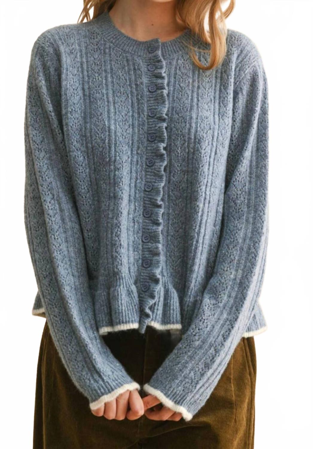 Button Front Ruffled Detail Sweater Cardigan In Blue