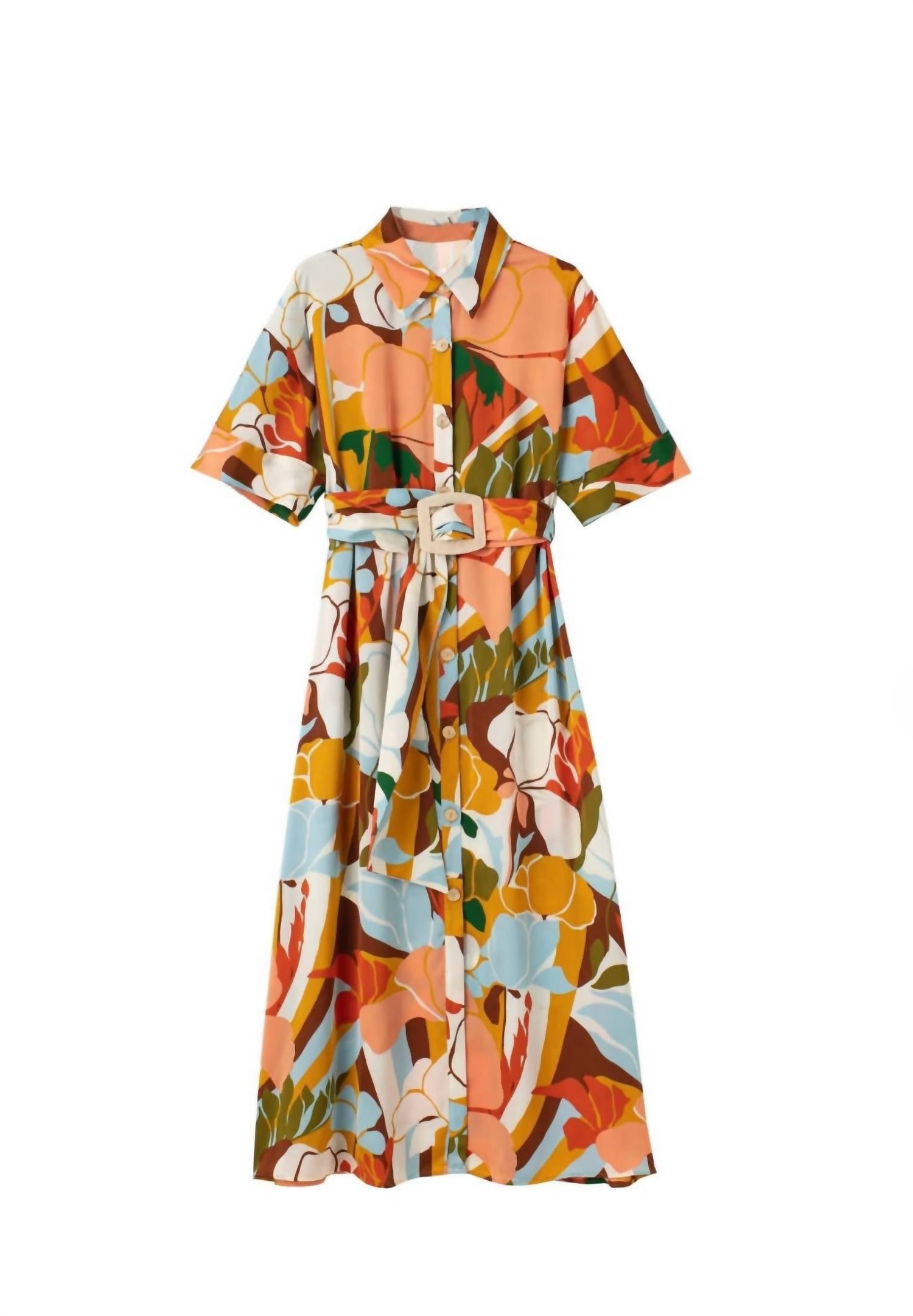 Abstract Print Midi Shirt Dress In Peach Multi