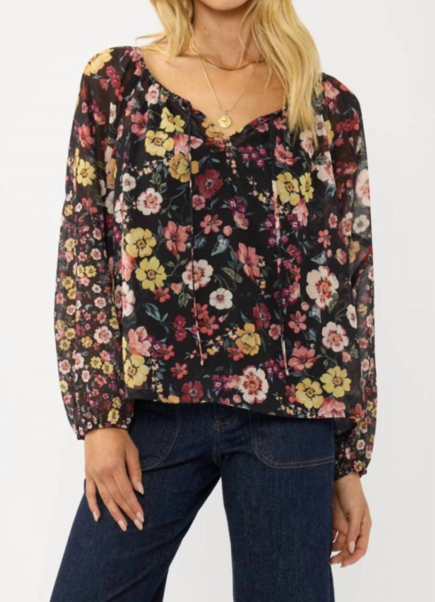 Floral Long Sleeve Blouse With Neck Tie In Black/rust