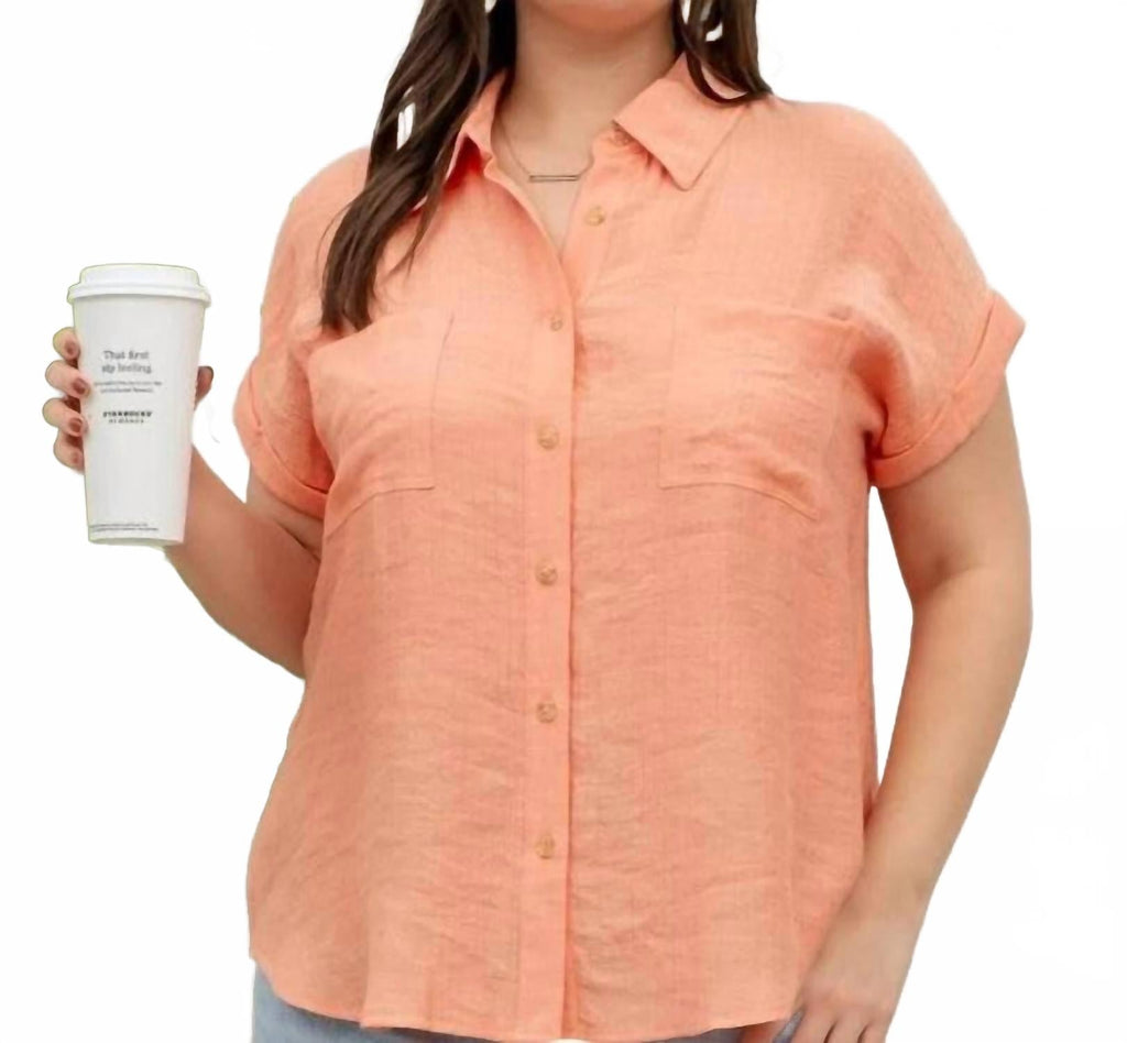 Collared Crinkled Cuff Sleeve Shirt - Plus In Dusty Peach