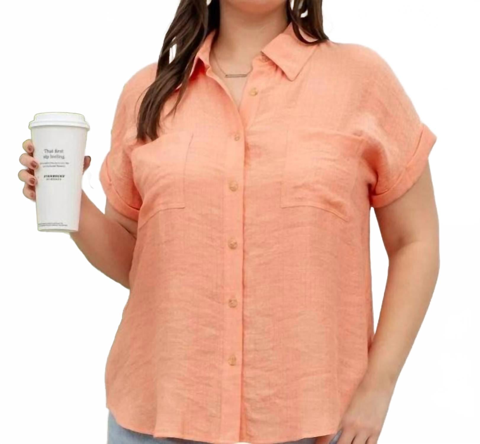 Collared Crinkled Cuff Sleeve Shirt - Plus In Dusty Peach