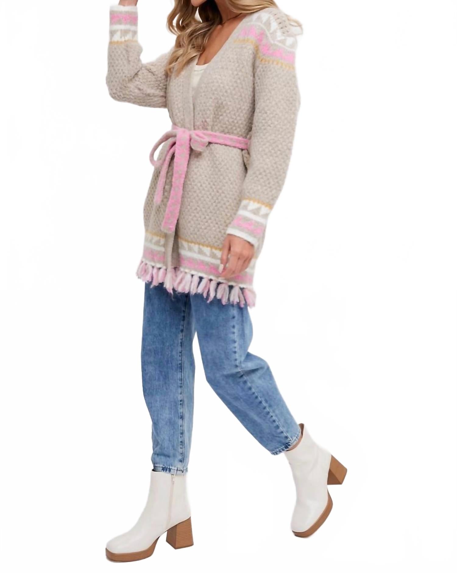 Boho Beauty Belted Cardigan In Beige