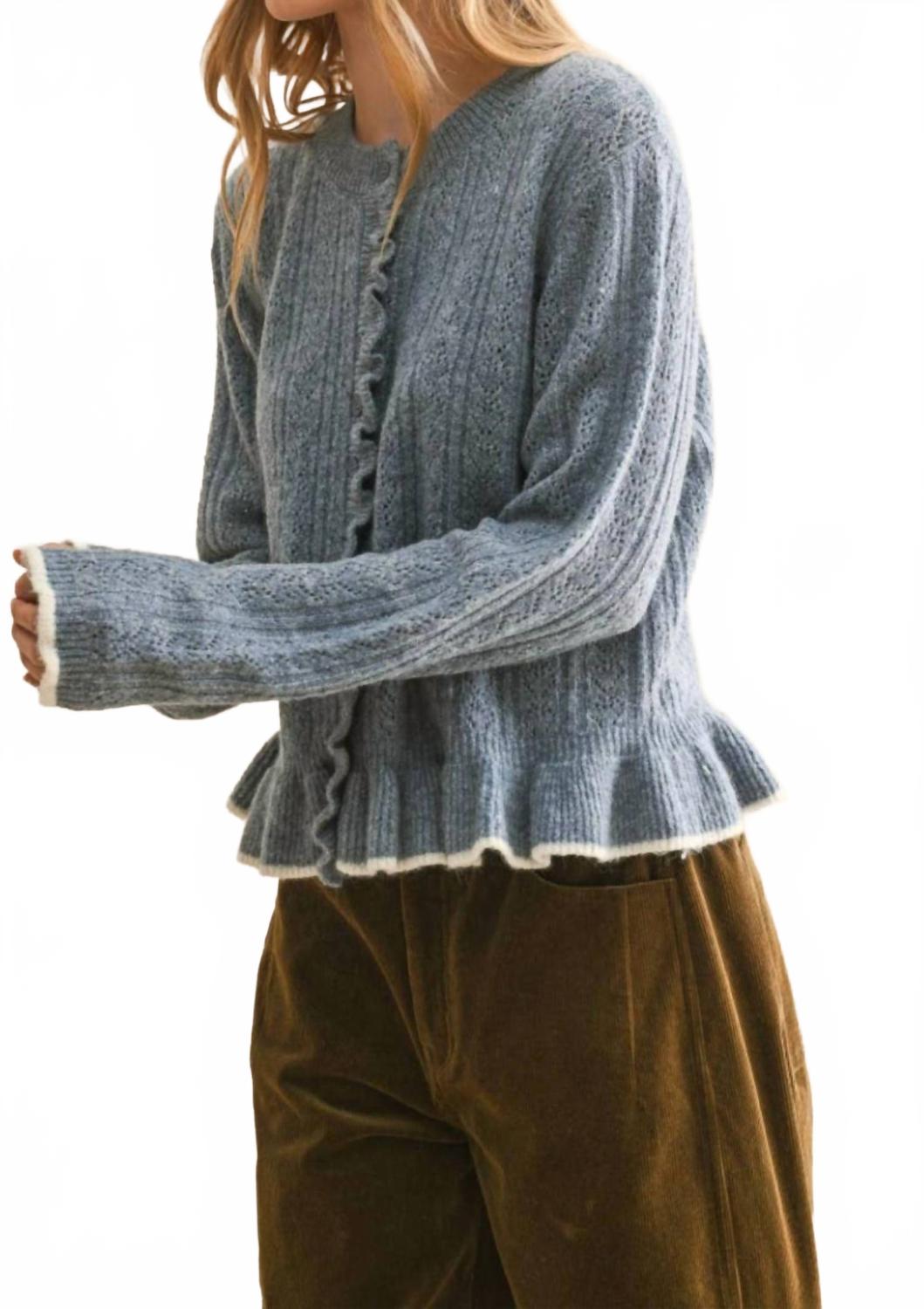 Button Front Ruffled Detail Sweater Cardigan In Blue