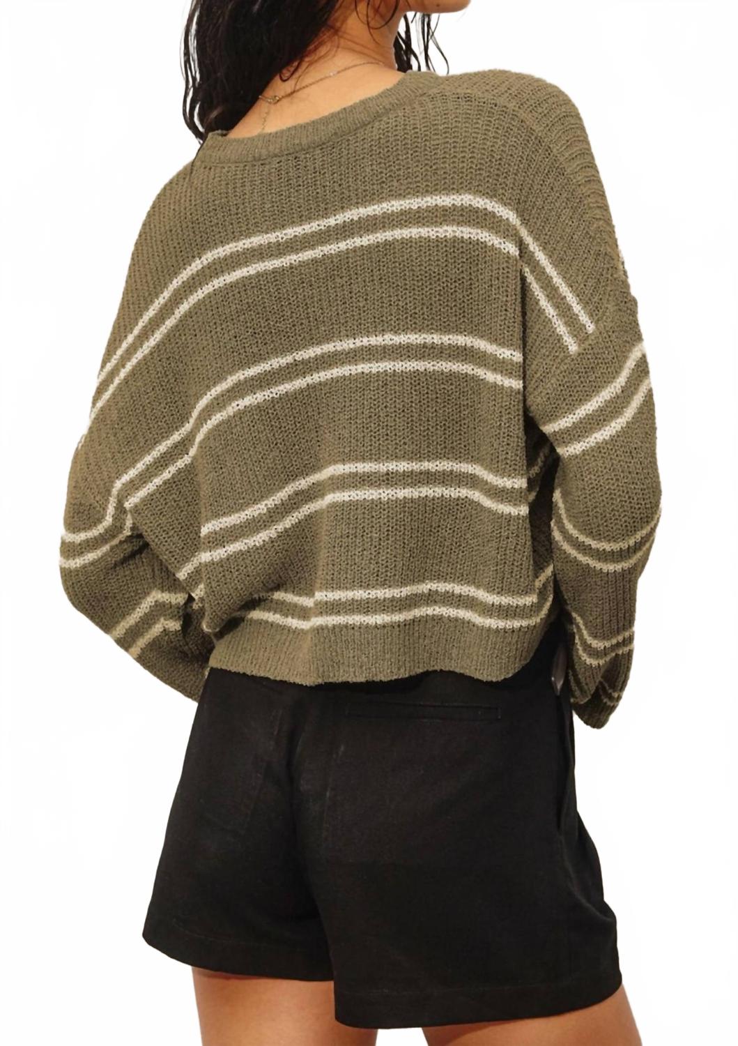 Double Striped Long Sleeve Sweater In Olive/white