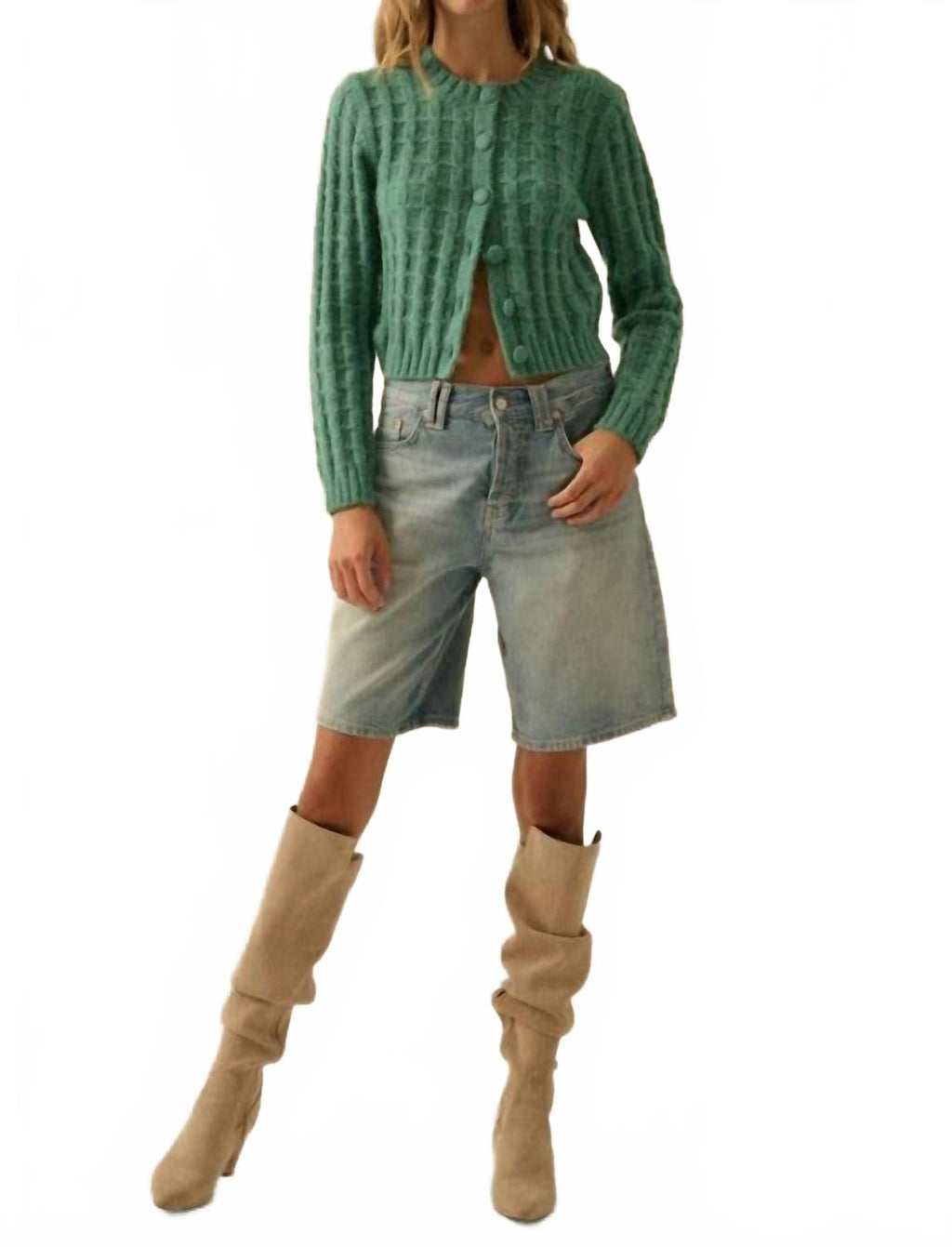 Cable Knit Button Up Cardigan In Pine