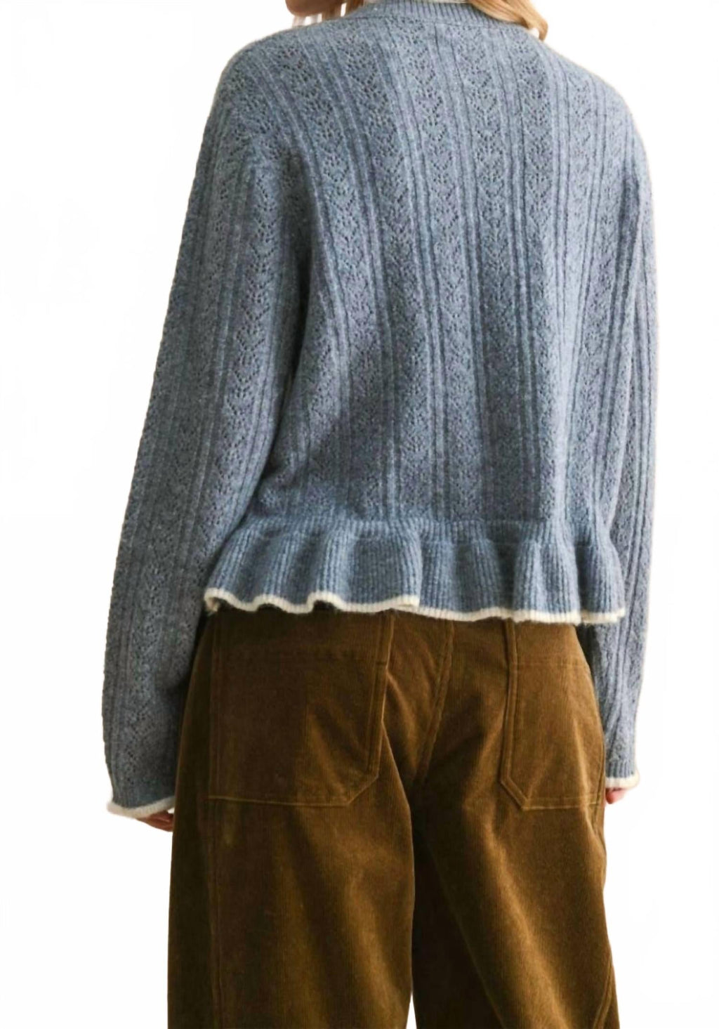 Button Front Ruffled Detail Sweater Cardigan In Blue