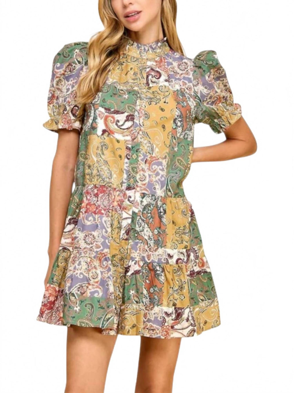 Abstract Print Chic Mock Neckline Dress In Green Multi