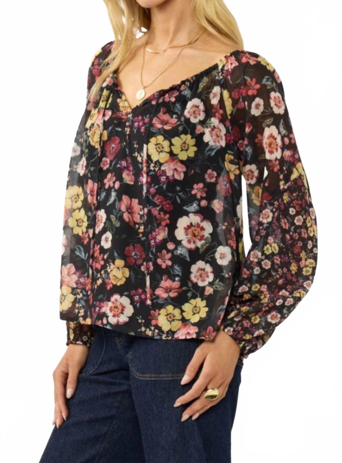 Floral Long Sleeve Blouse With Neck Tie In Black/rust