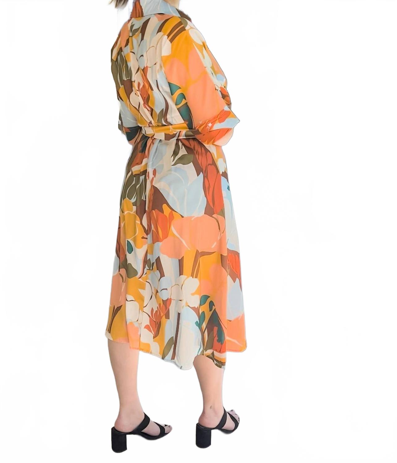 Abstract Print Midi Shirt Dress In Peach Multi