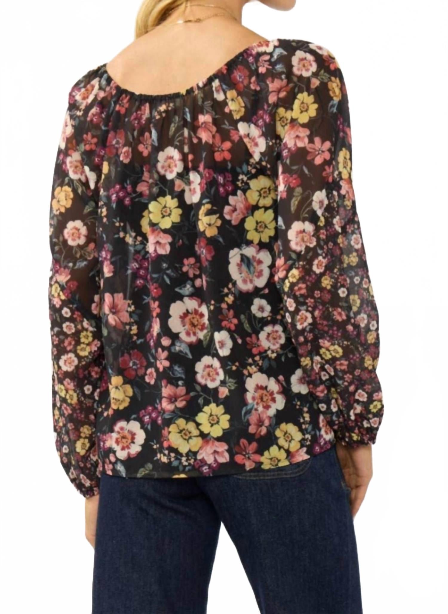 Floral Long Sleeve Blouse With Neck Tie In Black/rust