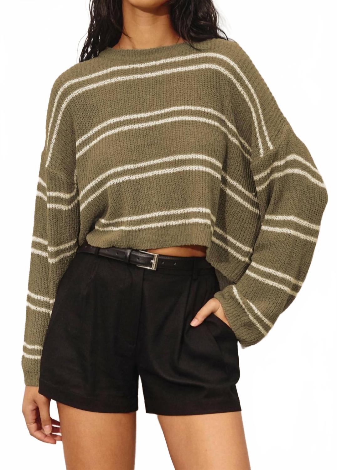 Double Striped Long Sleeve Sweater In Olive/white