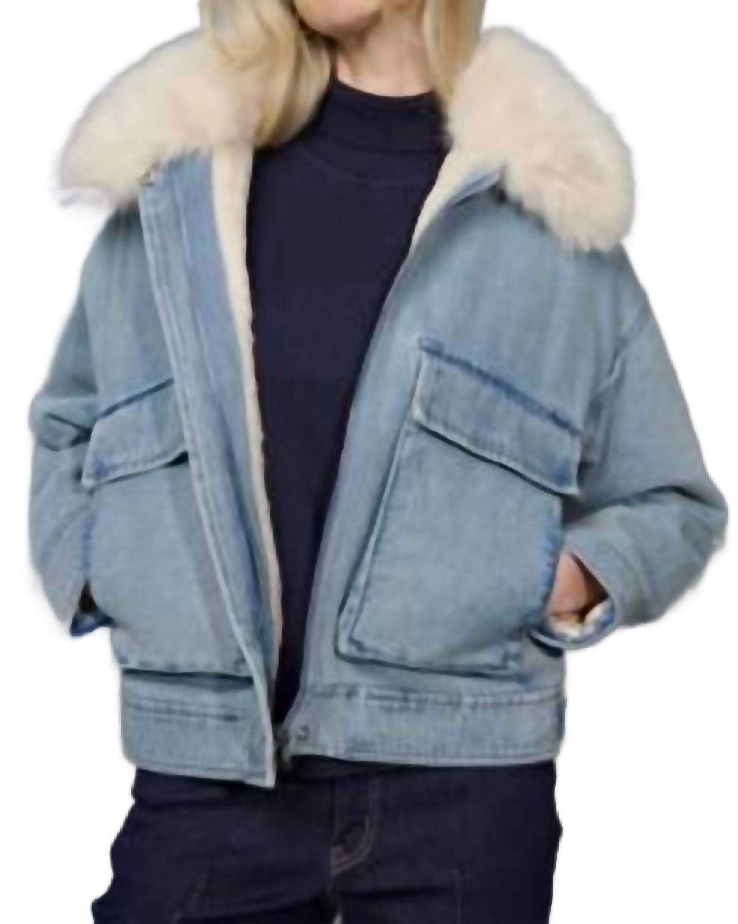 Faux-Fur Trim Zip-Front Jacket In Denim Blue/white